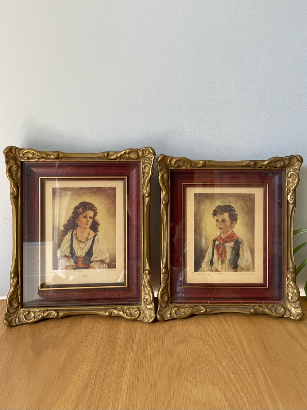 Vintage Ornate Framed Anne Allaben Lithograph Prints Elena and Chiko Pair 1940s